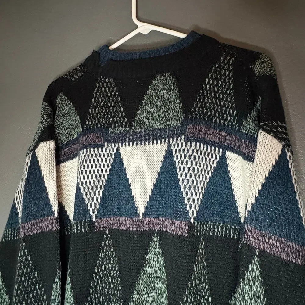 Vintage 90s Michael Gerald Knit Sweater Mens M  Green Geometric Grandpa Retro